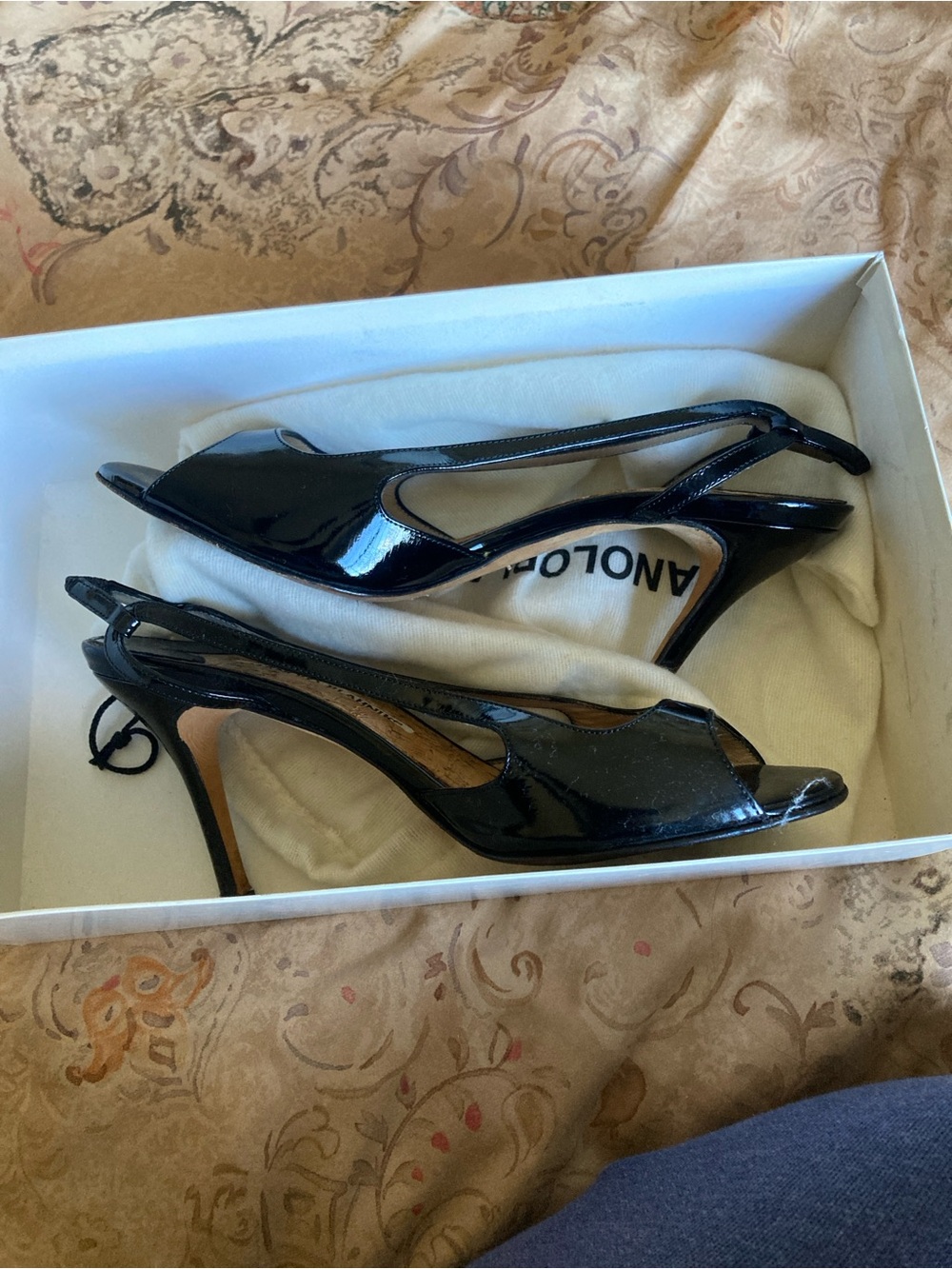 Manolo Blahnik Black Patent Slingback Peep-Toe Pumps